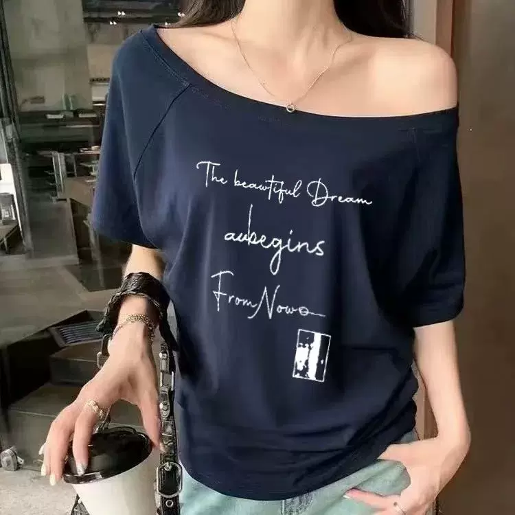 纯棉美式复古字母印花一字肩短袖T恤女夏季设计斜肩宽松百搭上衣