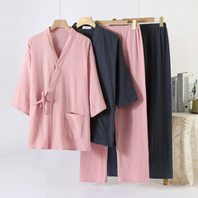 无印风情侣和服睡衣春秋纯棉纱布薄款男大码200斤系带家居服套装