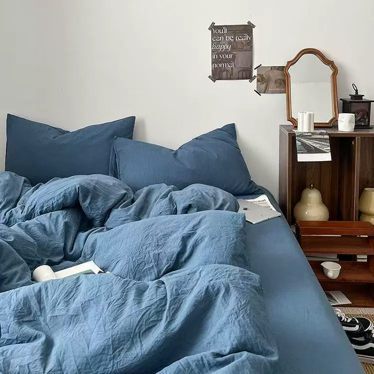 小清晰水洗棉四件套床笠简约纯色被套复古