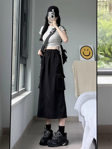 Autumn 2025 new high-waisted a-line work dress, American retro women's spring slimming all-match mid-long gray skirt