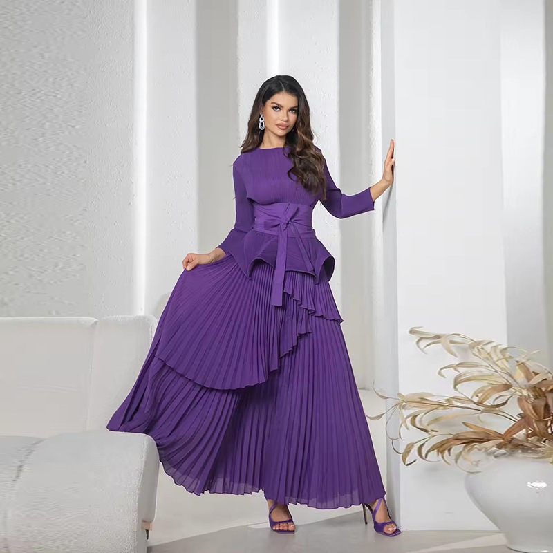 Vêtements pour femmes grande jupe cravate plissée taille haut costume deux pièces vêtements pour femmes automne nouvelle couleur unie_voghion.com