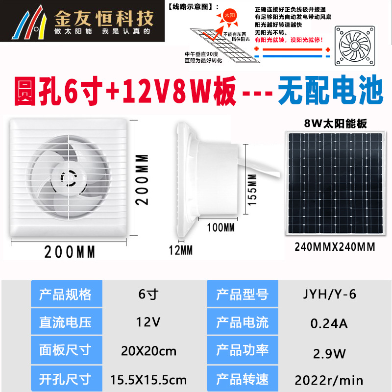 브러시리스 - 흰색 원형 6인치 12V 팬 + 8W 태양광 패널