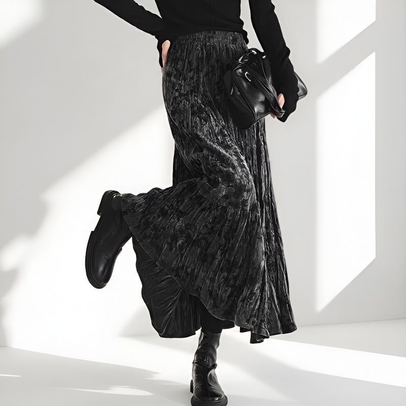 Long New Skirt, Autumn and Winter Skirt, High-Waisted Pleated Textured Skirt, Winter Elegant Long Skirt