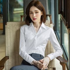 2025春秋新款v领白衬衫女长袖正装工作服职业装大码女装内搭衬衣