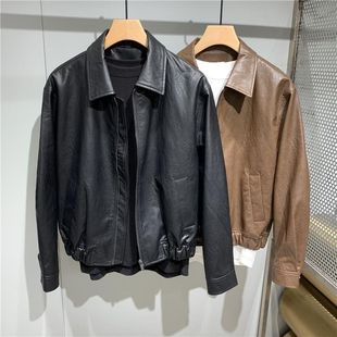 Men's Lapel Short Leather Jacket Men's Korean Style Loose Leather Jacket Men's Fashion Trend Casual Couple