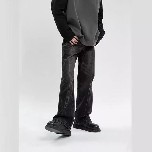 Trendy Washed Spring Men's Long Pants: Youthful, Popular, Loose-Fit, Straight-Leg Denim Jeans with Harajuku-Style Zipper