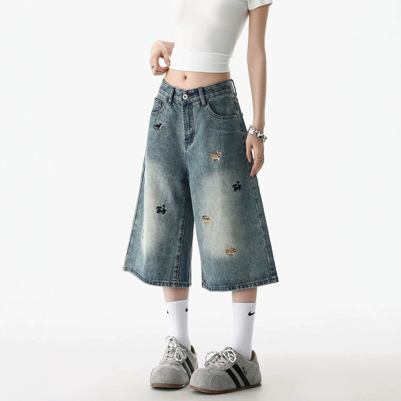American-Style Embroidered Wide-Leg Cropped Jeans for Women, Summer New Low-Waist Loose Straight-Leg Petite Mid-Length Thin Pants