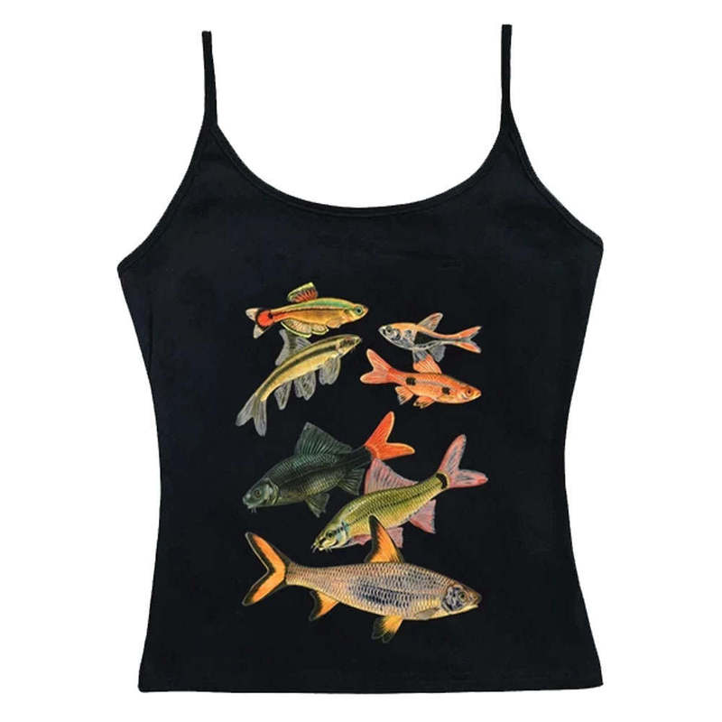 Y2K Abstract Goldfish Print Square Collar Distinctive Slim-fit Sling Strap Spice Girl Street Sexy All-match Slim Casual Vest