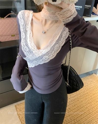 [270g Fleece] Lace-trimmed Cross V-neck Long-sleeved T-shirt for Women, Slim-fit Base Top, Apricot Color