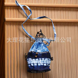 大理民族风蓝染布包旅拍扎染桶包斜挎单肩包布袋抽绳束口收纳袋