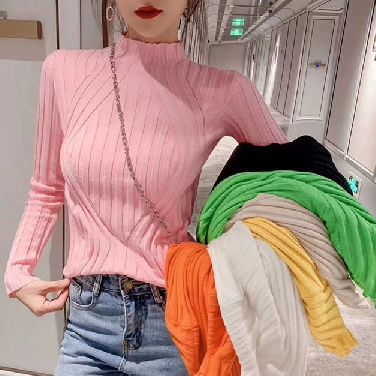 Полуводолазка, трикотажная нижняя рубашка для женщин с длинным рукавом, весна-осень 2021, новый стиль, толстый полосатый облегающий пуловер, свитер для женщин