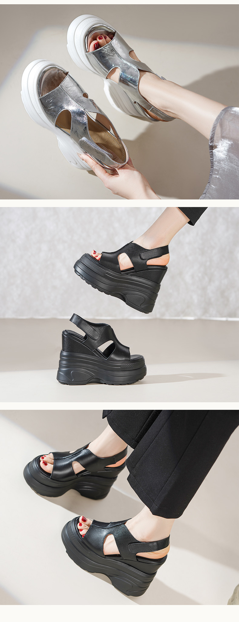 Sandal đế xuồng nữ Yichuan gót 14cm đế dày nhẹ mùa hè — Màu đen, Màu trắng, Màu bạc chi tiết 4