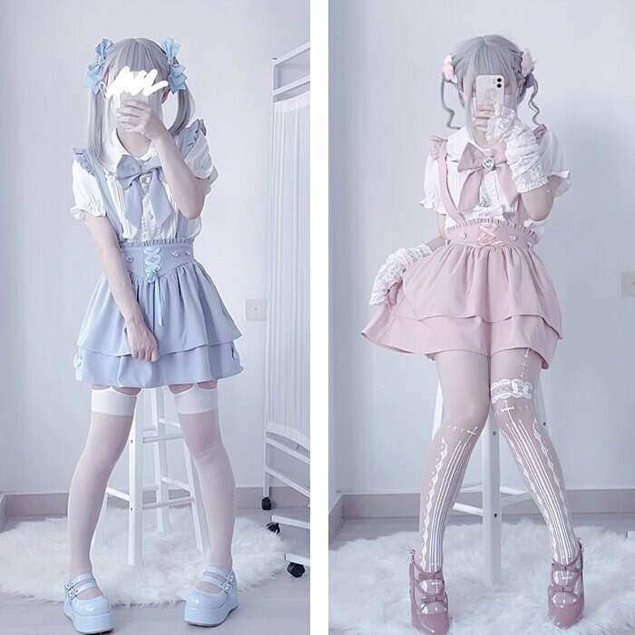 Watercolor-Style Angelic Casual Mass-Produced Women's Short-Sleeve Shirt and Skirt Set Dress with Cute and Sweet Style