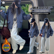 女童毛衣套装2025秋冬新款中大童加厚针织衫格子棉服阔腿裤三件套