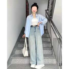 蓝色防晒衬衫外套女夏季设计感时尚宽松叠穿内搭中长款领衬衣