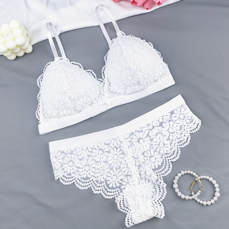 Europa y América encaje sexy copa triangular francesa cinturón hermosa ropa interior de espalda simple ligera sin anillo de acero conjunto de sujetador de pecho