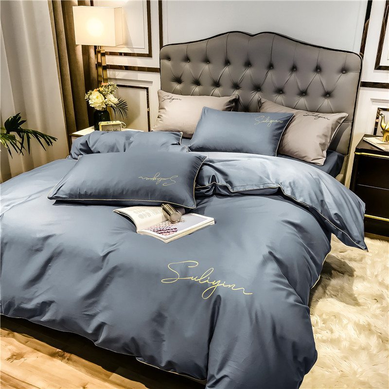 Pure Cotton Solid Color Embroidered Bedding Set Four Piece_voghion.com