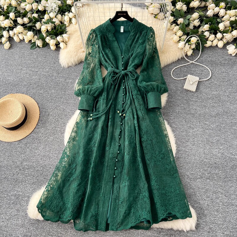 French high-end women's dress 2025 spring waist heavy embroidery V-neck lantern sleeve single-breasted long skirt French high-end women's dress 2025 spring waist heavy embroidery V-neck lantern sleeve single-breasted long skirt