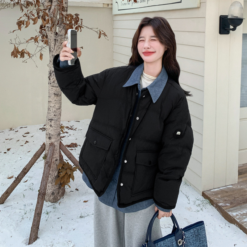 실제 촬영된 블랙 투피스 데님 스플라이스 숏패딩 여성용 2026 겨울 한국 스타일 따뜻한 90% 화이트 덕다운