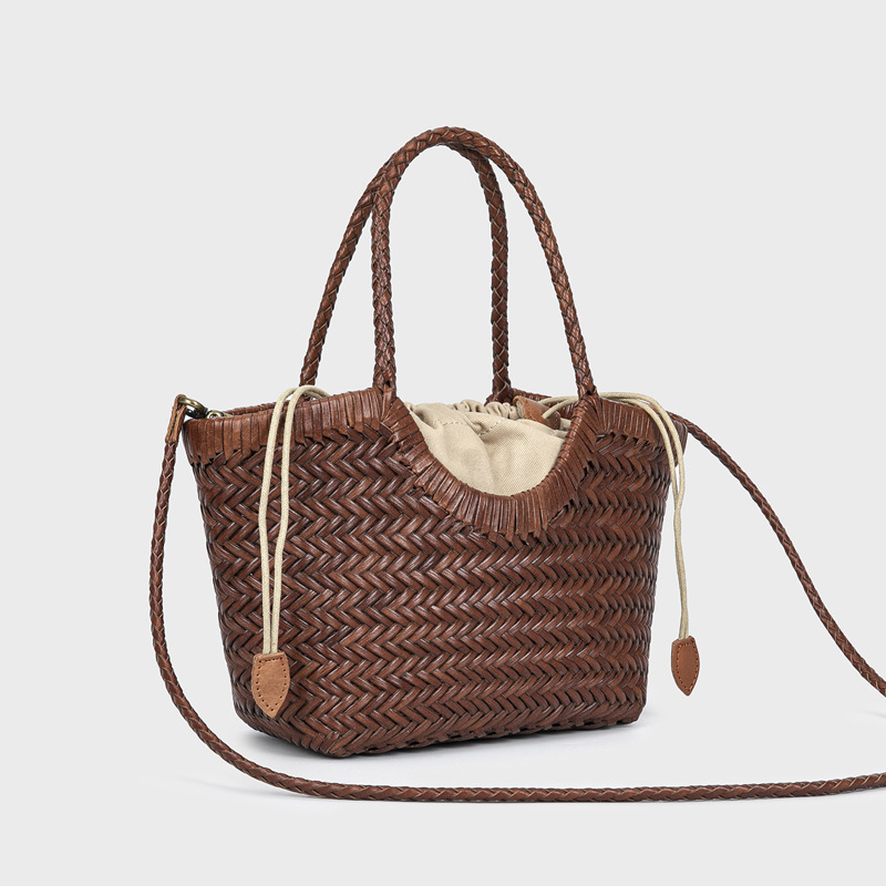 2026 Spring/Summer New Woven Market Basket Shoulder Crossbody Bag For Women Retro Genuine Leather Handbag Vacation Style Bag - Thumbnail 2
