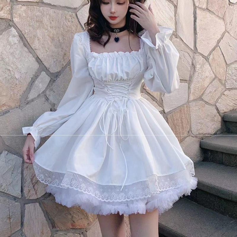 2026 Spring New Sweet Princess Cute Lolita Dress with Square Neck, Tie-Up Design, Slim Fit, Elegant Waist-Cinching