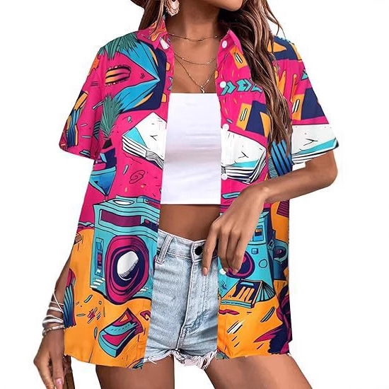 Cross-Border Amazon Summer New 80S and 90S Hawaiian Shirt Lapel Retro 3D Printed Shirt