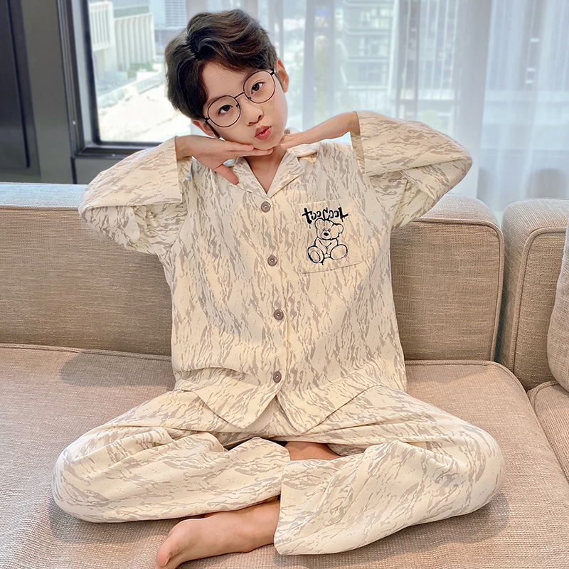 Pajamas for Boys and Teenagers Spring and Autum Pure Cotton Long-Sleeved Kidsren's Medium and Large Kidsren's Autum 2025 New Boys' Home Clothes