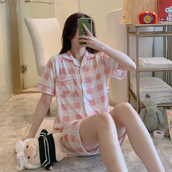 Pijamas de verano de las mujeres de manga corta linda chica Corazón de dibujos animados solapa desgaste del hogar WeChat transmisión en vivo en línea traje de entrega de una pieza