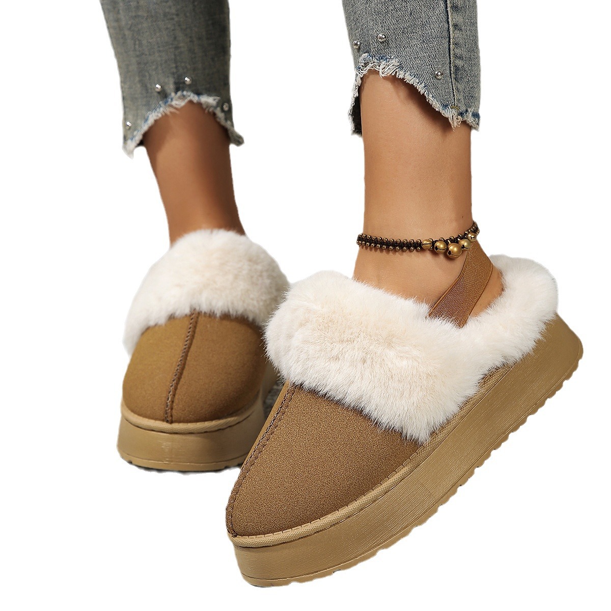 Women's heavy-soled cotton boots with round toe heel elastic straps keep them warm_voghion.com