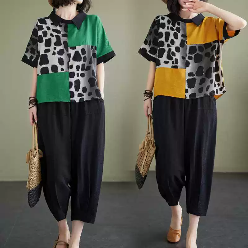 Настоящая фотография летнего нового стиля, художественный свободный топ большого размера из хлопка и льна + широкие брюки с эластичной резинкой на талии, комплект из двух предметов