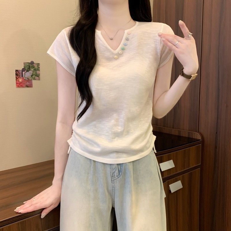 韩版温柔v领彩色纽扣夏季薄款短袖褶皱收腰抽绳T恤显瘦短款上衣|undefined