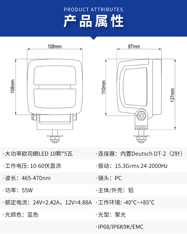 Emc Certified 4-Inch Auxiliary Light for Agricultural Machinery, Ip6K9K Shockproof Blue Sprayer Boom Headlight