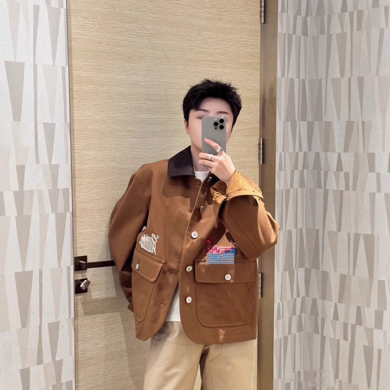 Correct Version of the Original V Brand 25Ss New Collaboration Fishing Cotton Canvas Workwear Casual Jacket with Leather Collar