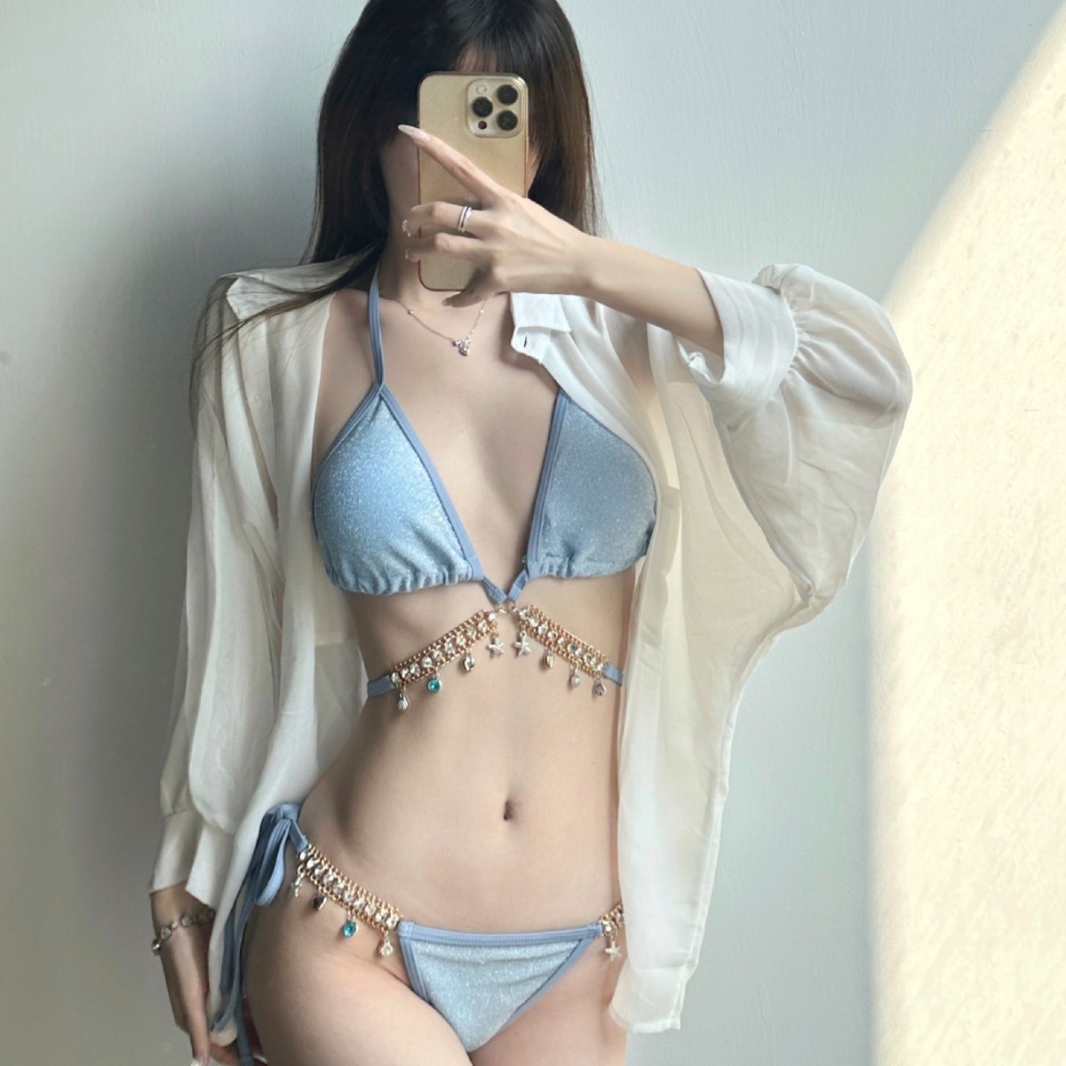 Swimsuit Women Fish Diamond Chain European and American Pure Desire Style Strap Triangle Bikini Three-point Ins Sexy Vacation Swimsuit