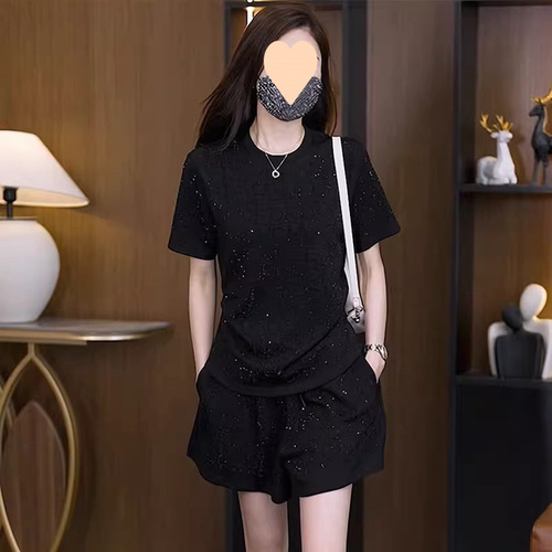 Fashionable hot drilling casual sports suit 2025 summer young Western-style short-sleeved shorts lazy style slimming two-piece set