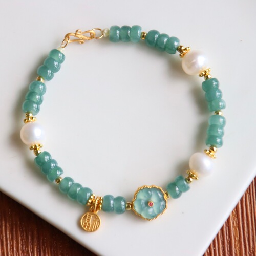 Natural A-Jadeite Blue Water Disk Bead Bracelet, Silver-Gold Plated Jadeite Butterfly and Small Flower Pearl Bracelet