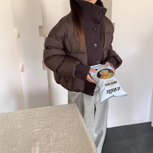 韩版针织领拼接短款羽绒服女百搭宽松白鸭绒面包服冬季新款外套潮