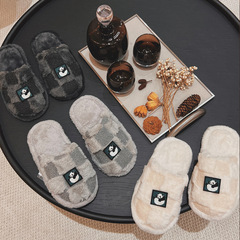 家居熊貓拖鞋室內拖鞋情侶家居一對靜音防滑毛絨棋盤格棉拖鞋冬季