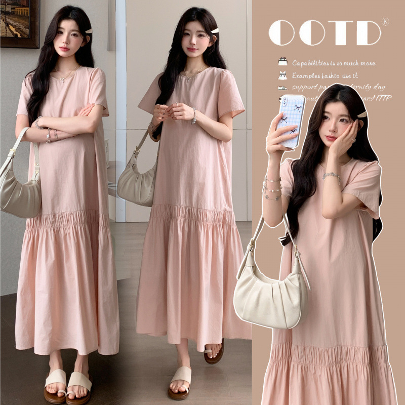 2026 Summer Maternity Dress, Loose Fit, Slimming, Plus Size, Pure Cotton, Pink Long Dress, Wholesale and Dropshipping
