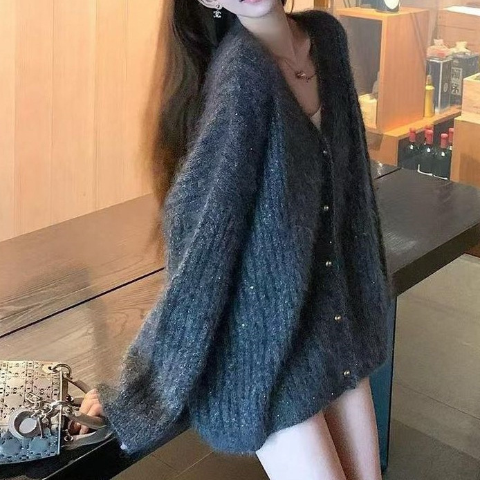 慵懒风女冬季设计针织新款女上衣金丝套头氛围感百搭毛衣开衫外套|undefined