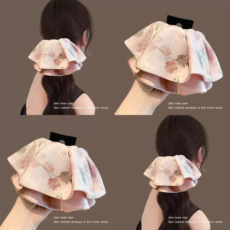 独特漂亮粉色缎面抓夹饱满后脑勺马尾夹高级感珍珠发夹头饰发卡女