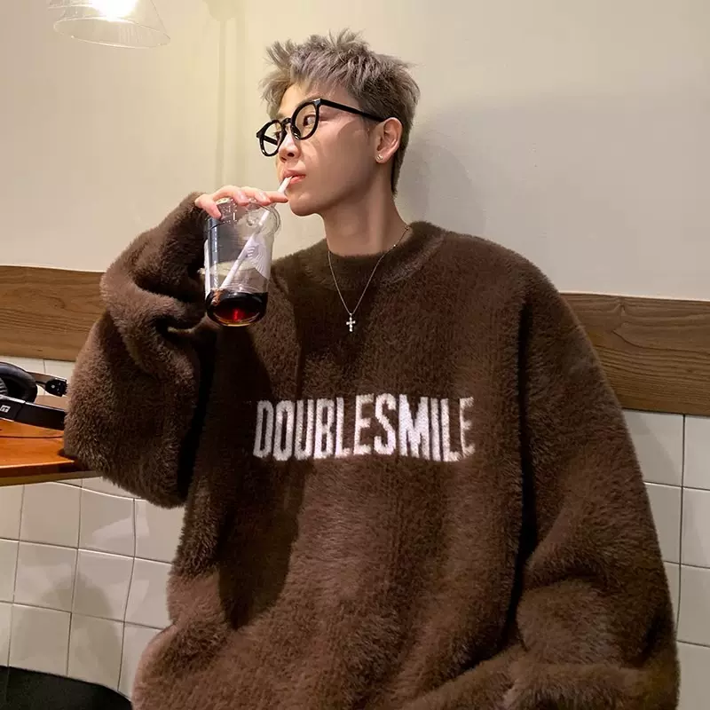 水貂绒毛衣男秋冬季加绒加厚高级感针织衫美式复古软糯慵懒风外套