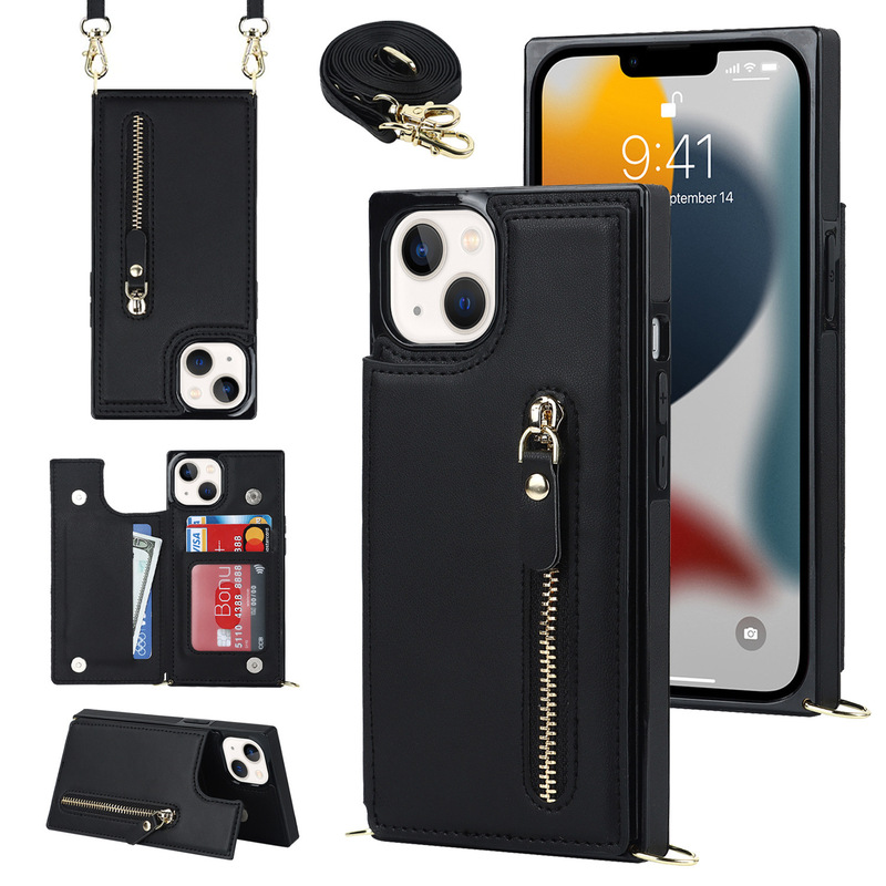 Suitable for Iphone14 Pro Mobile Phone Leather Case Apple Zipper Fruit 13 Crossbody Mobile Phone Case Women's Fashion Lanyard Protective Cover