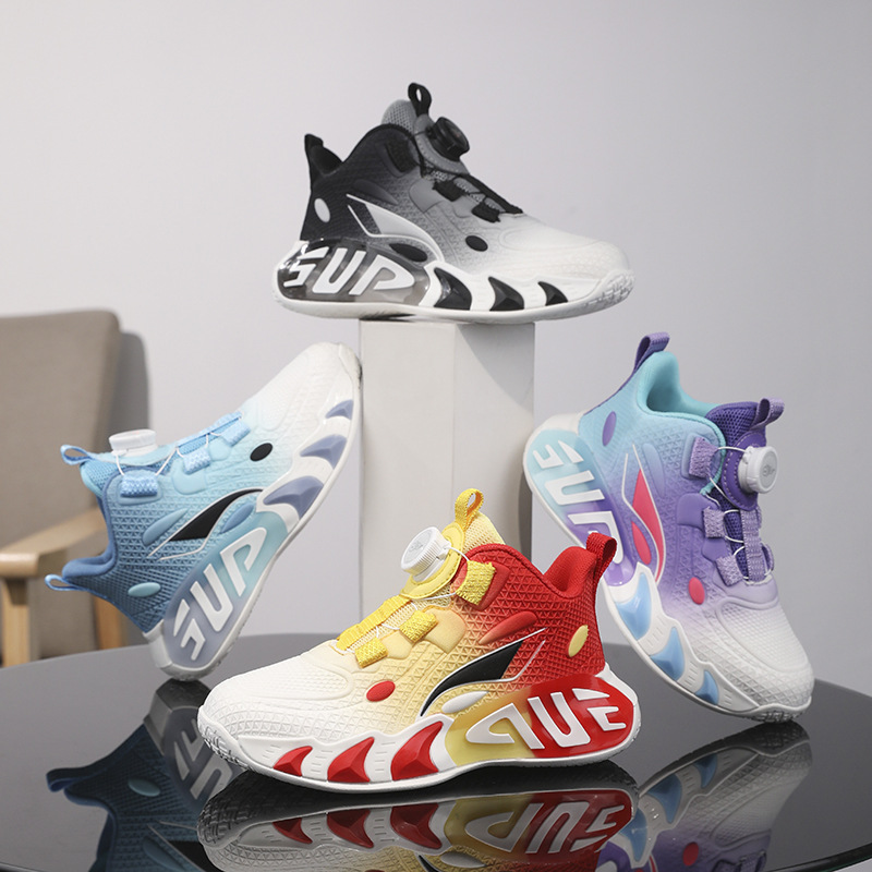 Primavera y otoño malla transpirable suela suave zapatos deportivos antideslizantes zapatos de baloncesto para niños pequeños, medianos y grandes zapatos para correr con hebilla giratoria para niños