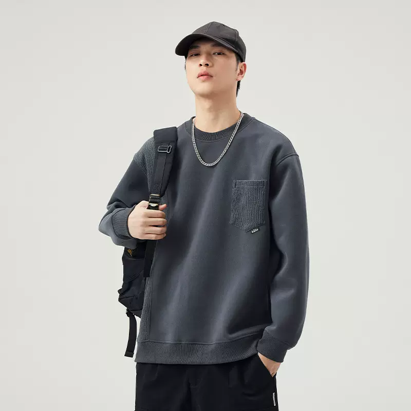 2025秋季420G重磅圆领拼色口袋卫衣男美拉德宽松休闲高级感上衣