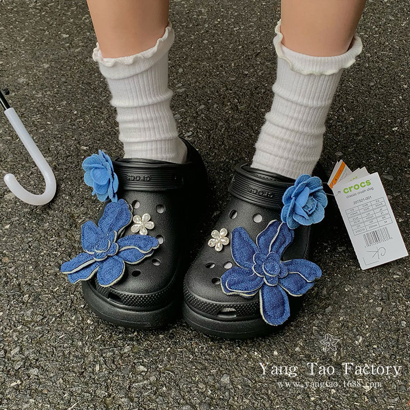 Vaquero Tiancai Vaquero flor hebilla de zapatos con agujeros accesorios de zapatos vaquero azul flor hebilla de zapatos diy desmontable flor