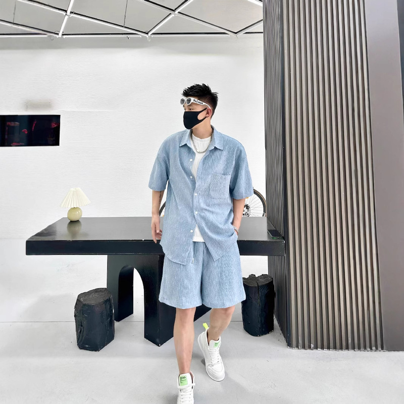 Fashionable Simple Shirt Suit Men's 2025 Summer New Casual High-End Elastic Shorts Short-Sleeved Two-Piece Set