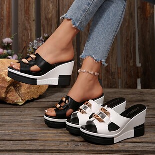 Large Size Comfortable Sandals 2025 Summer Cross-Border Amazon Thick-Soled Wedge Heel Color Matching Fish Mouth Sandals for Women in Stock