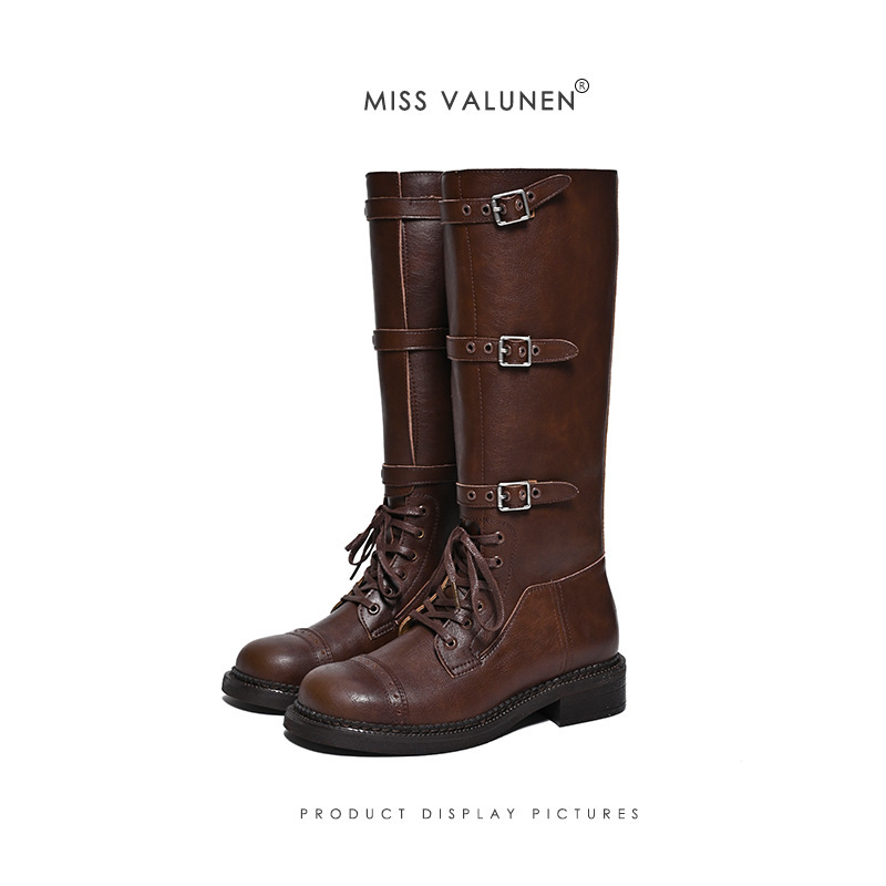 Miu's Lace-Up Western Cowboy Boots with Stiletto Heels for Women, Square-Toe Low-Heeled Riding Boots, Autumn and Winter Riding Boots