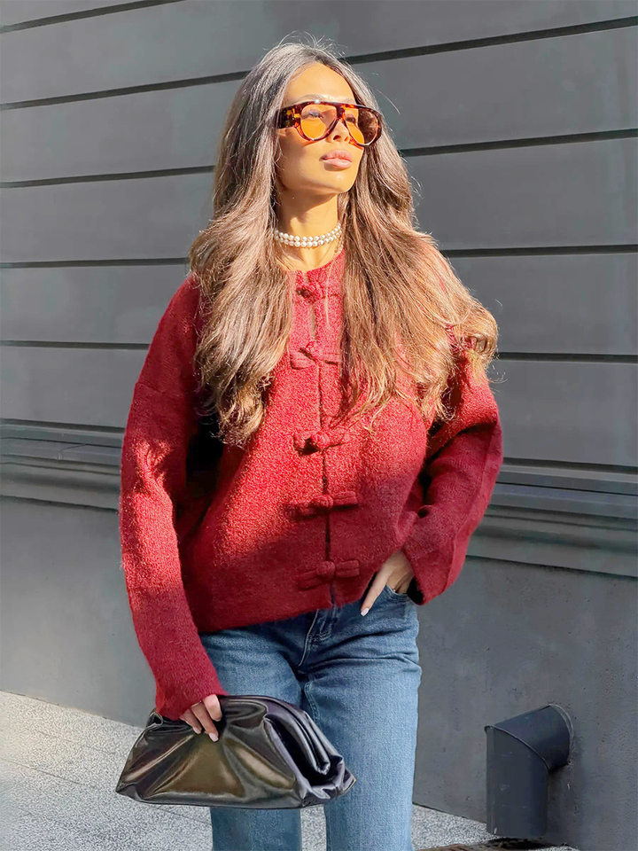 Áo cardigan len dài tay cổ tròn màu trơn cài khuy, form rộng — Màu tím, Xanh nhạt, Xanh quân đội, Xanh rêu đậm chi tiết 15
